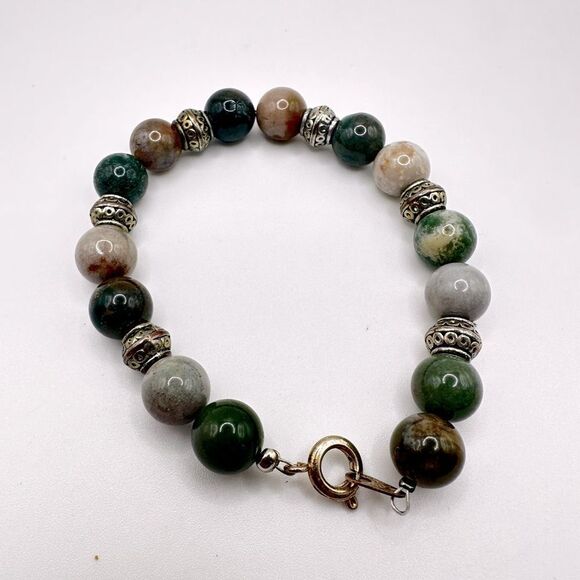 7" Stunning silver tone and polished agate beaded bracelet! - Picture 1 of 13